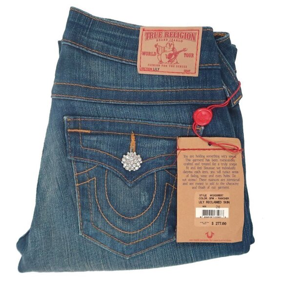 True Religion Lily Reclaimed Skinny Cropped Crystal Button Jeans Sz 26 NWT $277 - Picture 7 of 7